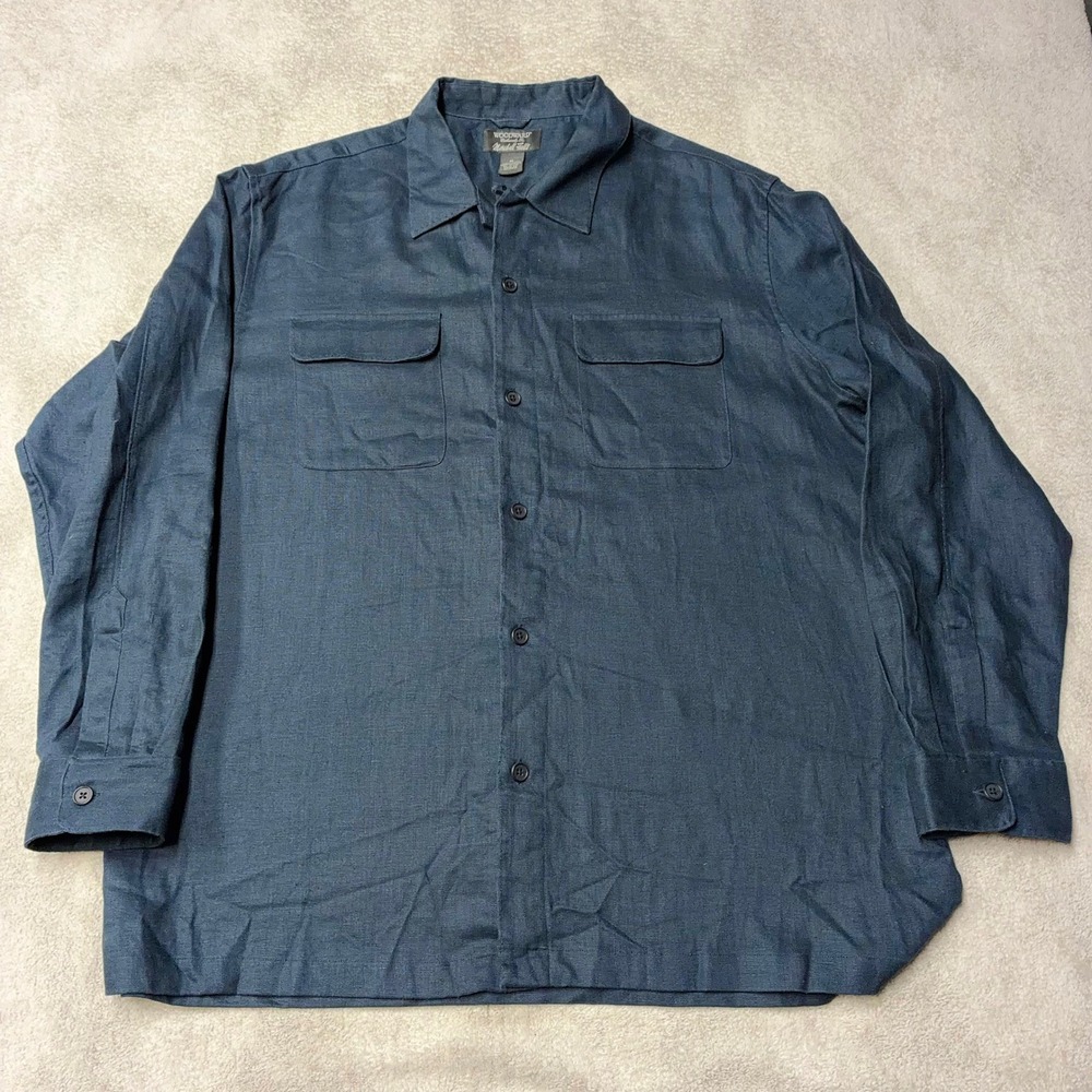 Woodward Marshall Fields 100% Linen Shirt Loop Collar Navy Blue Pockets Mens XL